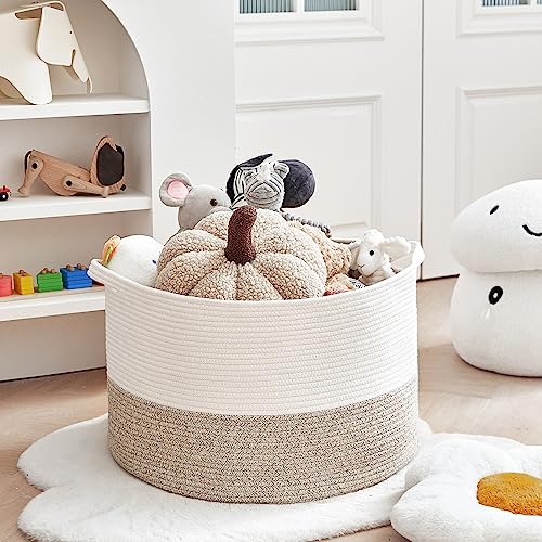 R RUNKA Extra Large Cotton Rope Basket 22" x 14" - Toy Basket for Kids -Blanket Basket for Living Room - Woven Baskets for Storage - color: White + Beige