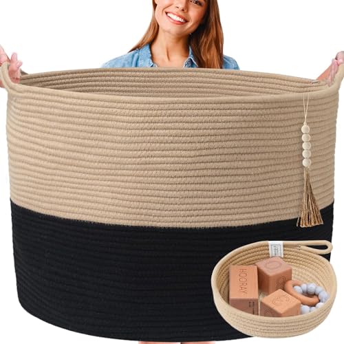 XXXXL WASHABLE Blanket Basket Living Room Boho 24" x 17" 2PCs Toy Baskets Woven Rope Basket for Blankets,Pillows,Throws,Laundry + Small Tray | Woven Storage Wicker (Black & Brown) - color: Black and Brown, size: Jumbo