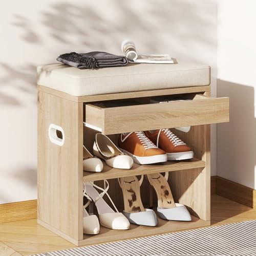 YMYNY Small Shoe Storage Bench with Cushion and Drawer, 2 Tier Adjustable Entryway Bench with Storage, Wooden Shoe Rack Bench for Entryway, Living Room, Hallway, Bedroom, Light Natural, HSC002R - color: Light Natural