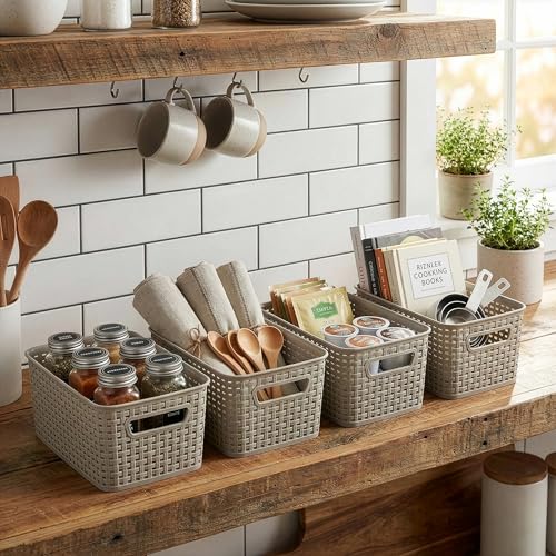 BINO | Plastic Storage Baskets, 5.5 Liter - 3 Pack, Natural Grey | THE WOVEN COLLECTION | Storage Basket for Shelves | Woven Storage Baskets for Organizing Bins Pantry Shelf Organizer | Container Bin - color: Natural Grey, size: 5.5L | 3-Pack