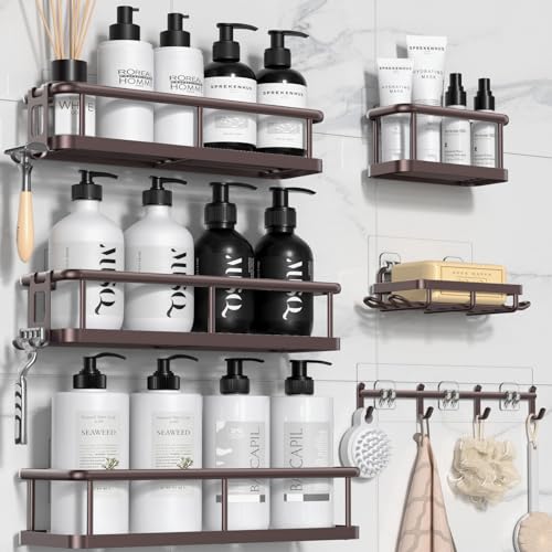 YASONIC Shower Caddy, 6 Pack Large Capacity shower Organizer with Soap Holder and 12 Hooks, Rustproof Shelves for Inside Shower, No Drilling&Sleek Bathroom Organizers and Storage Bronze XL - color: Bronze, size: XL