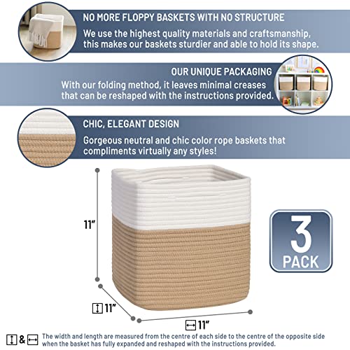 NaturalCozy Storage Cubes 11 Inch Cotton Rope Woven Baskets for Organizing, 3-Pack | Cube Storage Bin | Square Storage Baskets for Shelves Organizer, Classroom, Kids Toy Bins, Closet, Baby Nursery - color: Off White & Tan Brown