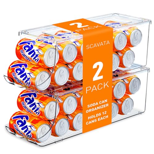 SCAVATA 2 Pack Soda Can Organizer for Refrigerator, Stackable Canned Food Pop Cans Container Can Holder Dispenser with Lid for Fridge Rack Freezer, Clear Storage Bins-Holds 12 Cans Each (Clear) - color: Clear