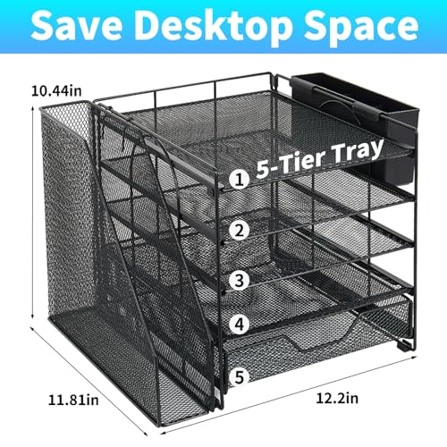 Desk Organizer, 5-Tier Paper Letter Tray Organizer with File Holder, Drawer and Pen Holder, Desktop Organizer for Office Supplies, Black - color: Black