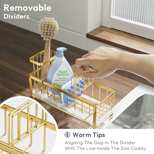 SWTYMIKI Sponge Holder for Kitchen Sink - Sink Caddy with Brush Holder Self-draining Sponge Caddy Organizer with Divider Stainless Steel Kitchen Accessories Storage for Countertop, Gold - color: Gold