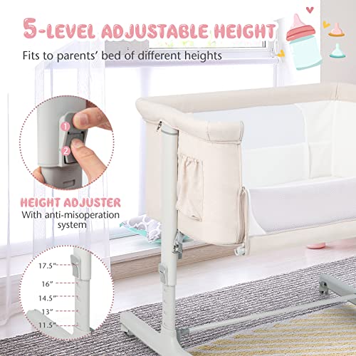 BABY JOY Bassinet Bedside Sleeper, 3 in 1 Folding Crib w/Adjustable Height, Mattress, Lockable Wheels, Storage Pocket & Carry Bag for Infant Newborn, Stationary & Rock, Portable Baby Bassinet (Beige) - color: Beige