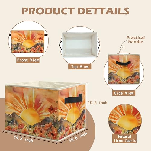 Boho Sun Wildflower Storage Bin Box with Handles, Watercolor Mountain Sunset Floral Botanical Foldable Linen Fabric Laundry Basket for Home Bedroom Bathroom Clothes Toys Books - color: Floral-F