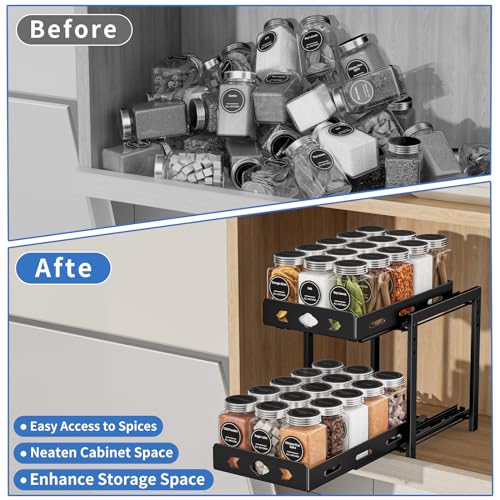 BOIVSHI Pull Out Spice Racks for Inside Cabinets, 2-Tier Cabinet Spice Rack Organizer, Height Adjustable Vertical Spice Rack for Kitchen Cabinet (7.5''Wx10.8''Dx9.2''H, Metal Black) - size: 7.5''Wx10.8''Dx9.2''H,2 Tier