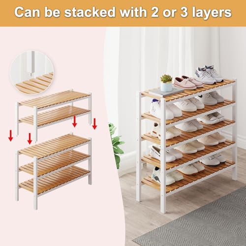 Bamboo Shoe Rack Organizer for Closet and Entryway-Space-Saving Narrow Shoe Stand-Versatile Shoe Holder for Door or Closet Shelf,Garage Bedroom can Freely Stack DIY Small Shoe Racks 2Tier Mixed color - color: White+natural Color, size: 2-Tier