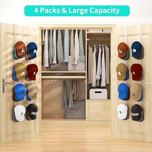 HapiRm Over Door Hat Rack - 4 Packs Metal Hanging Hat Organizer with 16 Hooks Design, Baseball Cap Hanger Organizer Storage Holds up to 80 Caps for Door, Bedroom, Closet(White) - color: White, size: 4 Pack