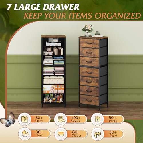 WLIVE Tall Dresser for Bedroom, 7 Drawer Dressers & Chests of Drawers, Fabric Dresser for Closet, Night Stand with Metal Frame, Storage Tower with Fabric Bins, Wood Top, Rustic Brown Wood Grain Print - color: Rustic Brown Wood Grain Print, size: 11.73"D x