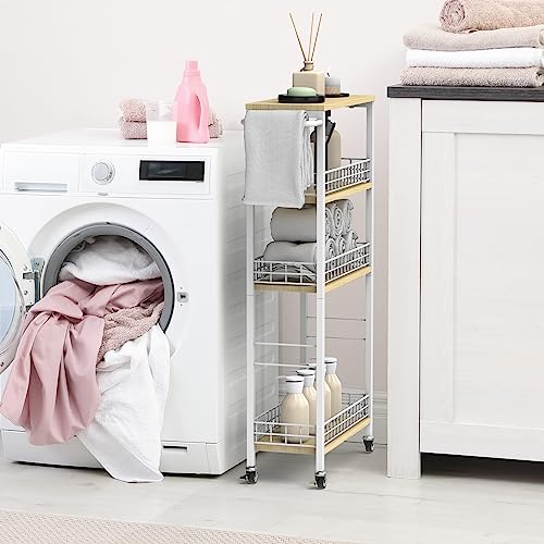 Slim Storage Cart White Narrow Storage Cabinet 4 Tier Laundry Room Organization Mobile Bathroom Shelving Unit Organizer Rolling Utility Cart Slide Out Kitchen Cart Tower Rack for Narrow Places 7.08’’W - color: White