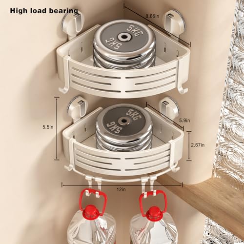 VOLPONE Corner Shower Caddy Suction Cup Shower Shelf Corner No Drilling Bathroom Shower Organizer Storage Rack Adhesive with Towel Bar Hooks(1-Pack, Ivory) - style: Suction cup triangle with towel bar hooks 1 Tier Ivory