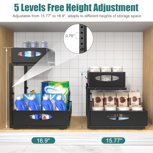 Housolution 1 Pack Large Under Sink Organizer, 2 Tier Metal Pull Out Under Sink Storage with Sliding Mesh Drawers, Height Adjustable Slide Out Under Cabinet Organizer for Kitchen Bathroom, Black - color: Black, size: 1 Pack, Large-12.2in Wide