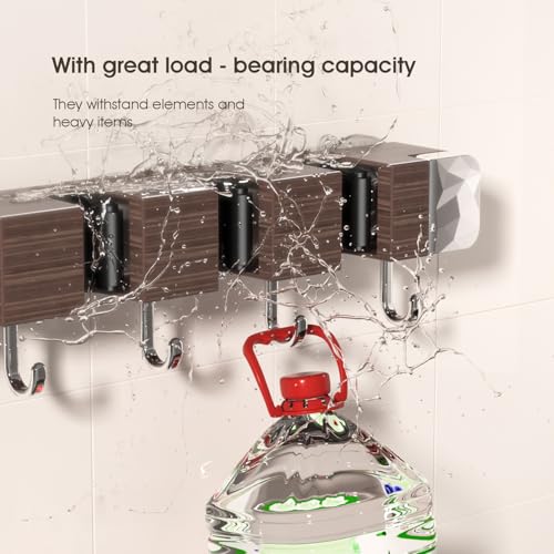Suction Cup No Drilling Broom Holder Wall Mount, Walnut Color Mop Organizer Wall Hanging, 4 Racks 5 Hooks Tool Organizer Hanger Self Adhesive for Home, Garage, Garden, Laundry, Kitchen