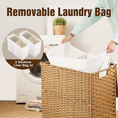 Greenstell Laundry Hamper No Install Needed, Divided Clothes Hamper with 2 Removable Liner Bags, 90L Handwoven Synthetic Rattan Laundry Basket with Lid and Handles, Foldable Natural - color: Natural, size: 90L (18.3x13.3x24.0 Inches)