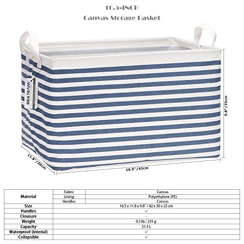 Sea Team Collapsible Canvas Fabric Storage Basket with Handles, Rectangle Waterproof Storage Bin, Box, Cube, Foldable Shelf Basket, Closet Organizer, 16.5 x 11.8 x 9.8 Inches, Navy Stripe - color: Stripe/Navy Blue, size: 16.5 Inch (Pack of 1)