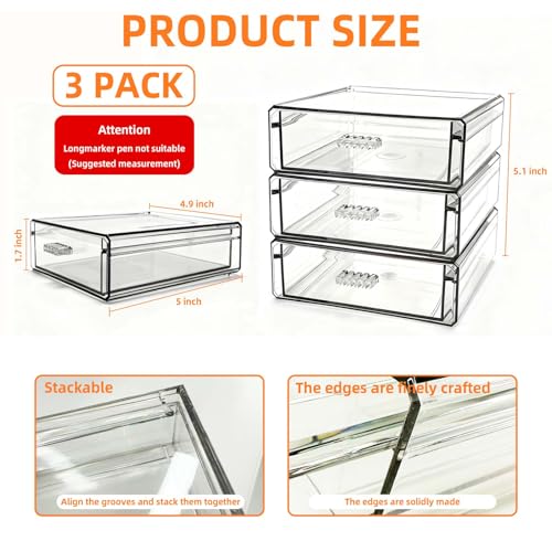 Drawer Organizers, Clear Stackable Storage Boxes for Kitchen Utensils, Office Desk, Bathroom, Makeup & Craft Drawer Organization (Small - 3 Pack)