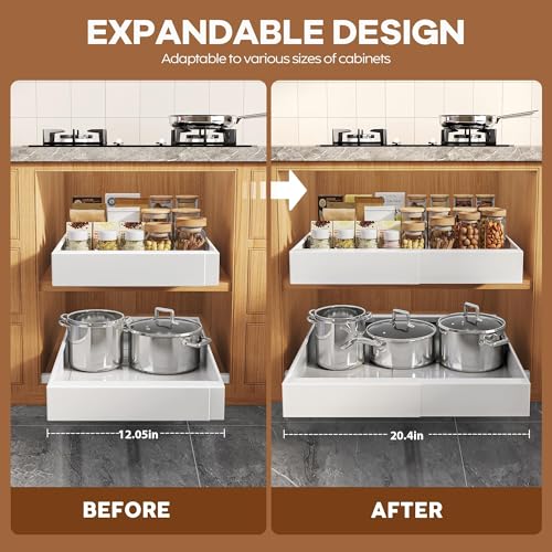 Seinloes 2Pack Expandable Pull Out Cabinet Organizer 21"Deep With Raising Pad for Framed Cabinets, Upgrade 3 Slide Rails Slide Out Drawers, Roll Out Shelves Adhesive,Adjustable Width 12.05"-20.4"White - color: White, size: 21"D x 12.05"-20.4"W(2Pack)