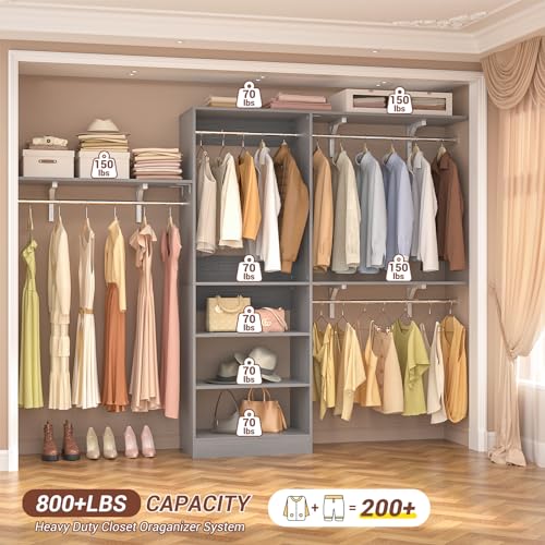 iSunirm 8FT Closet System with Shelves, 96'' Closet Organizer System with 3 Hanging Rods, Wall Mount Bedroom Wardrobe Walk-in Closet, Adjustable Cloth Garment Rack from 5 to 8FT (Cut to Fit), Grey - color: Grey