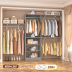 iSunirm 8FT Closet System with Shelves, 96'' Closet Organizer System with 3 Hanging Rods, Wall Mount Bedroom Wardrobe Walk-in Closet, Adjustable Cloth Garment Rack from 5 to 8FT (Cut to Fit), Grey - color: Grey