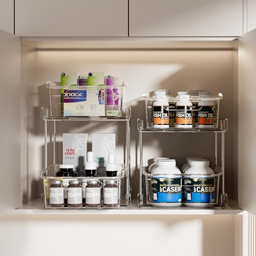 Delamu 2-Tier Under Sink Organizers and Storage, Multi-Purpose Stackable Bathroom Cabinet organizers, Pull Out Kitchen Pantry Organization and Storage with Dividers(2 Pack, Clear) - color: Clear, size: 2 Pack