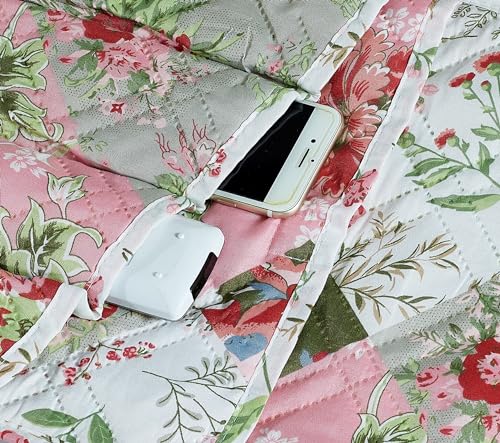 Brilliant Sunshine Peach Flowers Patchwork Couch Armrest 5 Pockets Organizer, Slip Resistant Recliner Armchair Caddy, Washable Remote Controls Holder, Storage for Magazine, Tablet, iPad, Peach Olive - color: Peach Olive