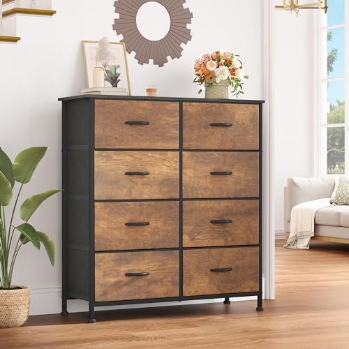 YITAHOME 8 Drawers Dresser - Fabric Storage Tower, Organizer Unit for Bedroom, Living Room & Closets - Sturdy Steel Frame, Easy Pull Fabric Bins & Wooden Top - color: Rustic Brown, style: 8-Drawer