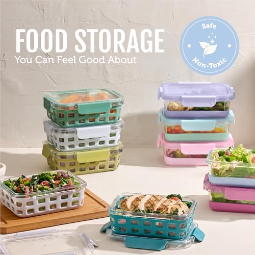 Ello Duraglass 3.4 Cup Meal Prep Sets 10Pc, 5 Pack Set- Glass Food Storage Container with Silicone Sleeve and Airtight BPA-Free Plastic Lids, Dishwasher, Microwave, and Freezer Safe, Halogen Blue - color: Halogen Blue with Sleeve, size: 3.4 Cup
