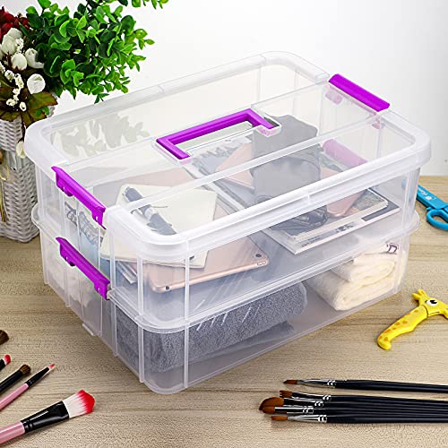 BTSKY 2 Layer Stack & Carry Box, Plastic Multipurpose Portable Storage Container Box Handled Organizer Storage Box for Organizing Stationery, Sewing, Art Craft, Jewelry and Beauty Supplies(Purple) - color: Purple