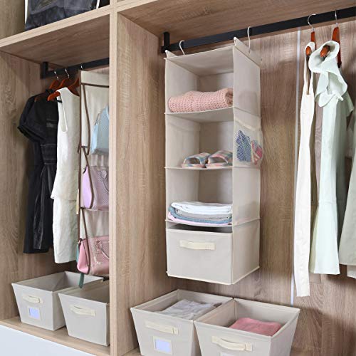 MAX Houser 4-Shelf Hanging Closet Organizer, Space Saver, Cloth Hanging Shelves with 2 Side Pockets, Foldable (Beige) - color: Beige-2