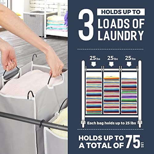 STO STO Laundry Sorter 3 Section, 3 Bag Clothes Hamper, Rolling Laundry Cart Basket with Heavy Duty Lockable Wheels and Removable Bag for Laundry Room, Bedroom, Closet, Gray - color: Gray, size: 3-Section