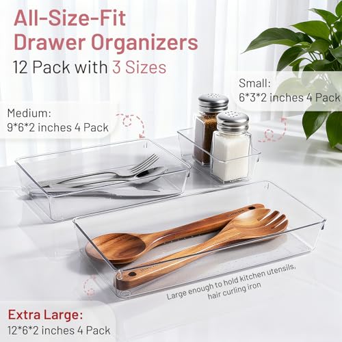 12 Pack Large Drawer Organizer Bins - Clear Plastic Bathroom Drawer Organizer Trays - Heavy Duty Kitchen Drawer Dividers for Utensils - Non-Slip Storage Bins for Makeup, Bedroom, Office Desk - size: 12 Pack