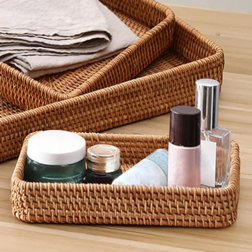 8in Rattan Bathroom Vanity Tray, Toilet Tank Basket, Bathroom Decor Box, Small Narrow Guest Towel Holder for Vanity, Countertop, Bathroom, Kitchen and Cabinet Storage(Color:Wood)