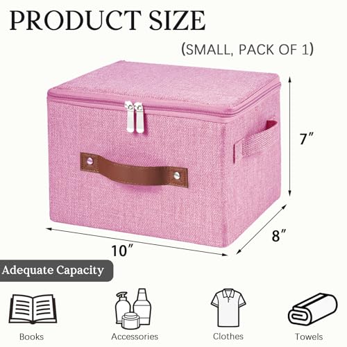 Storage Bins with Zipper Lid Foldable Fabric Lidded Storage Boxes Baskets Cubes Washable Collapsible PU Leather Handle Cotton Linen Shelves Closet Organizer Container(Pink, Small Size) - color: Pink, size: Small ( Set of 1 )