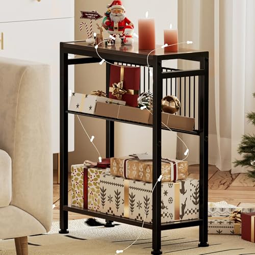 Side Table for Small Space, 3-Tier Narrow End Tablewith Magazine Holder,Slim Nightstand, Skinny Snack Couch Table in Living Room, Bedroom Study and Balcony(Ash Brown) - color: Ash Brown