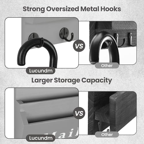 Mail and Key Holder - Decorative 9.8" x 12.5" Wall Key Hanger with 2 Mail Organizer Slots and 3 Hooks - Real Paulownia Wood with Keyhole Brackets, Hardware and Instructions (Gray) - color: Gray