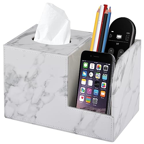 PU Leather Tissue Box Cover Square-Multifunctional Bathroom Tissue Box Holder/Organizer with 2-Compartment,Remote Control Holder,Decorative Tissue Box Covers Cube,Home Office Desktop Storage box,White - color: White