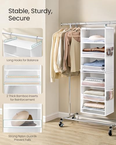 SONGMICS Hanging Closet Organizer, 6-Tier Fabric Storage Shelf, Separable Closet Hanging Shelf with Side Pockets, Foldable, Metal Hooks and Bamboo Inserts, Cloud White URCH007W01 - color: Cloud White, size: 1 Pack