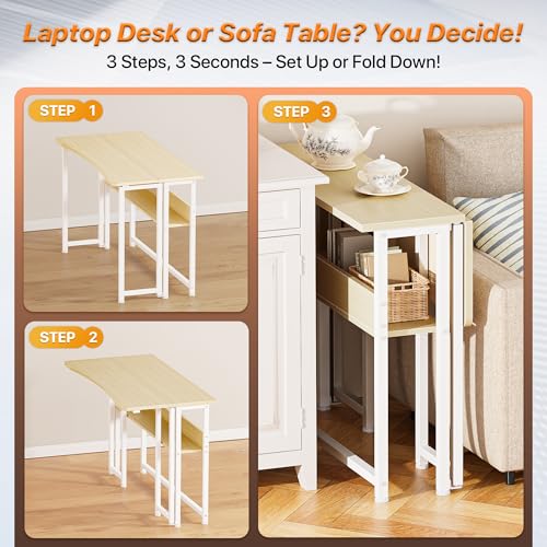 Huuger Folding Desk with Storage Shelf, 39.3 Inch Foldable Computer Table for Small Spaces, Space Saving Sofa Table for Couch, Writing Work Office Computer Desk, Easy to Fold, Oak - color: Oak, size: 18.5"D x 39.4"W