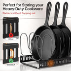 MUDEELA Expandable Pots and Pans Organizer Rack under Cabinet, Pots Lid Organizer Rack for Kitchen Cabinet Organizers and Storage with 12 Adjustable Dividers Cutting Board Holder & Anti-Scratch Strips - style: 12 Dividers-Black