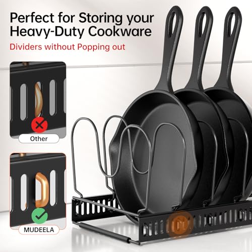 MUDEELA Expandable Pots and Pans Organizer Rack under Cabinet, Pots Lid Organizer Rack for Kitchen Cabinet Organizers and Storage with 12 Adjustable Dividers Cutting Board Holder & Anti-Scratch Strips - style: 12 Dividers-Black