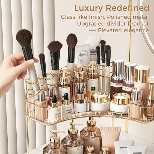 BEFSOP Corner Bathroom Counter Organizer, Upgraded 3-Tier Makeup Organizer Countertop with Makeup Brush Holder, Skincare Exquisite Vanity Organizers Countertop Bathroom Storage Dresser(GOLD) - color: Gold, size: 3 Tier