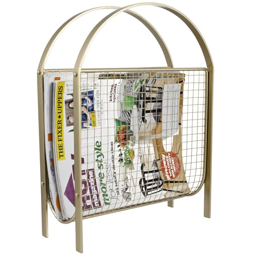 MyGift Magazine Rack, Floor Freestanding Magazine Holder for Bathroom Bedroom Office, Books Newspapers File Mail Organizer, Mid Century Modern Decor Wire Storage for Tablets and Documents - color: Brass