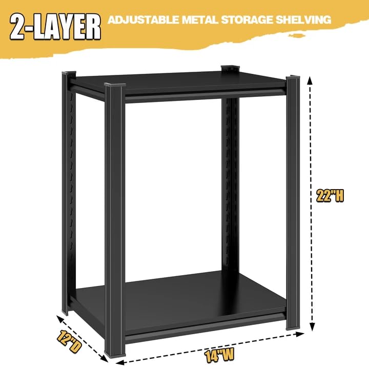Garage Storage Shelving, Heavy Duty Metal Shelving Unit, 2-Tier Adjustable Storage Shelves, 1200LBS, Utility Garage Organizer Shelf for Basement, Kitchen Pantry, Warehouse, Black, 14"W x 12"D x 22"H - size: 14"W x 12"D x 22"H
