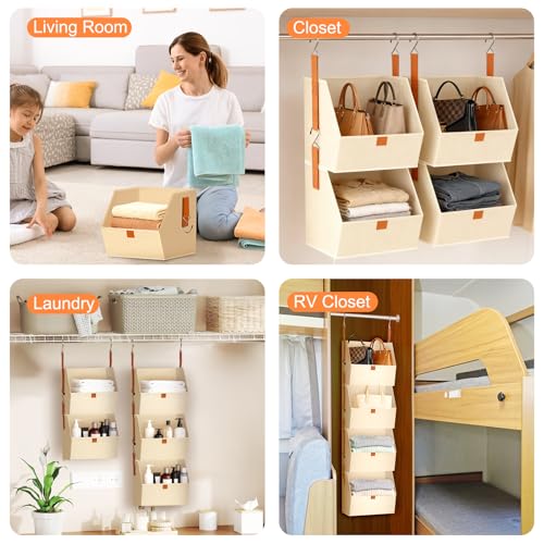 MSJGA 4-Tier Hanging Closet Organizer and Storage with Detachable Bins, Fabric Hanging Shelves for Closet, Dorm, Rv, Space-Saving Collapsible Basket for Handbags, Clothes (47” H)