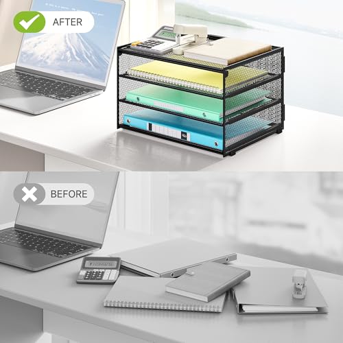 Lavatino 3-Tier Letter Tray Desk Paper Organizer – Black Mesh Metal File Tray Organizer for Desk, Office Supplies & Home Organization | Fits A4/Letter Paper, Mail, Magazines and Office Accessories - color: 4-tier No Handle - Black