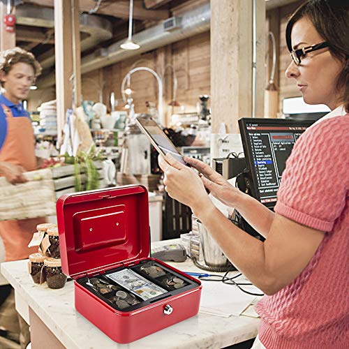 Kyodoled Medium Cash Box with Money Tray,Small Safe Lock Box with Key,Cash Drawer,7.87"x 6.30"x 3.54" Red Medium - color: Red, size: Medium