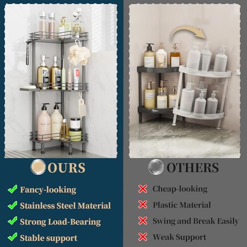 Consumest Corner Shower Caddy Standing - 3-Tier Stainless Steel Shower Organizer with Soap Holder and 4 Hooks, Large Capacity Corner Shelf Stand for Bathroom, Rest Room, Grey - color: Grey, size: 3 Tier