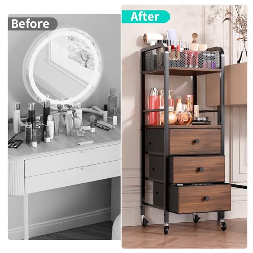 HapiRm Rolling Makeup Cart Organizer - Floor Skincare Make Up Storage with 3 Non-woven Fabric Drawers, Vanity Organizer Cosmetic Display Cases Holder for Skin Care Perfume Nail Polish Brush Hair Tool - color: Black